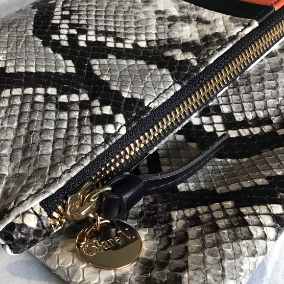Clare V. Los Angeles Leather Foldover Python, Black & Poppy Clutch - Picture 7 of 12
